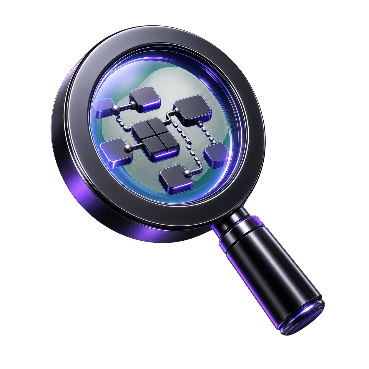 Glossy 3D magnifying glass inspecting a schema